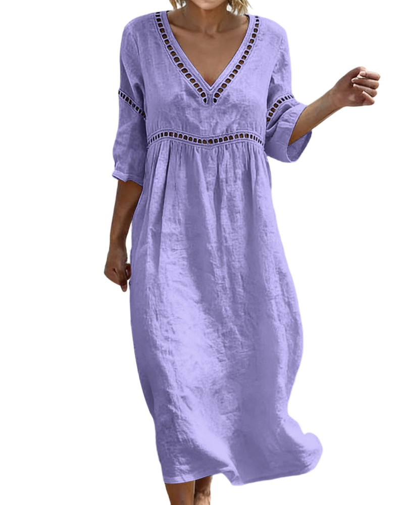 Rosalie Damen Langkleid aus Baumwolle und Leinen – V-Ausschnitt, 3/4-Ärmel, Boho-Stil