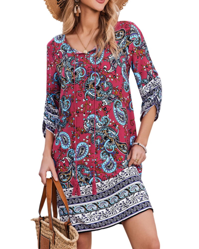 Vestido Túnica Boémia para Mulher Eleanor – Vestido com Decote em V em Viscose com Mangas 3/4 Estampado