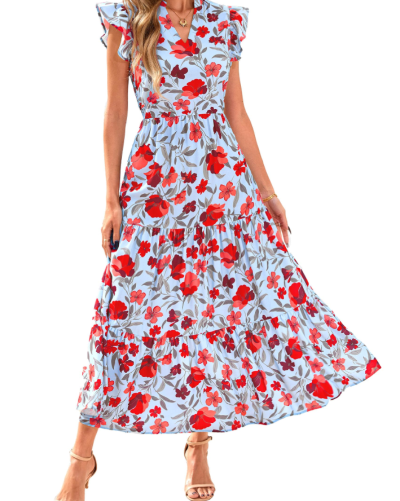 Olivia Damen-Midikleid mit Blumenmuster – Boho-V-Ausschnitt mit Volants und Taschen