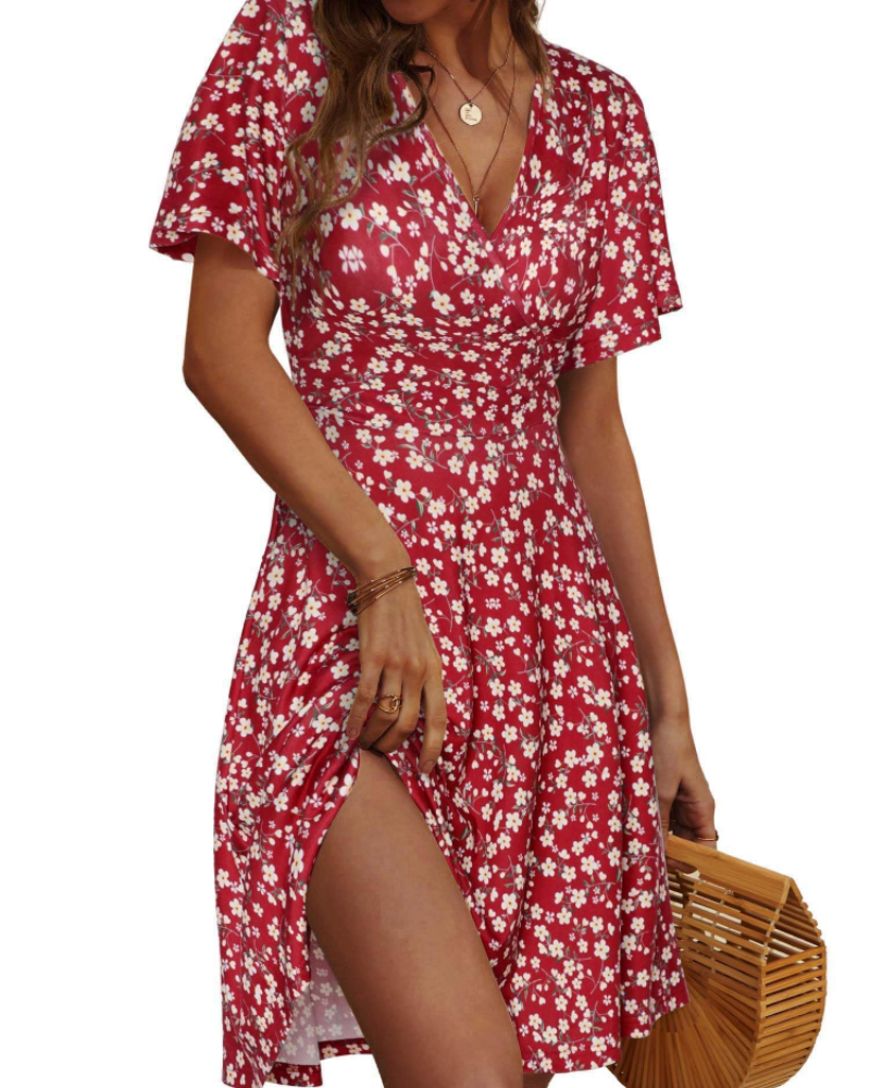 Vestido Marissa para Mulher – Vestido Midi Floral com Decote em V e Mangas com Folhos