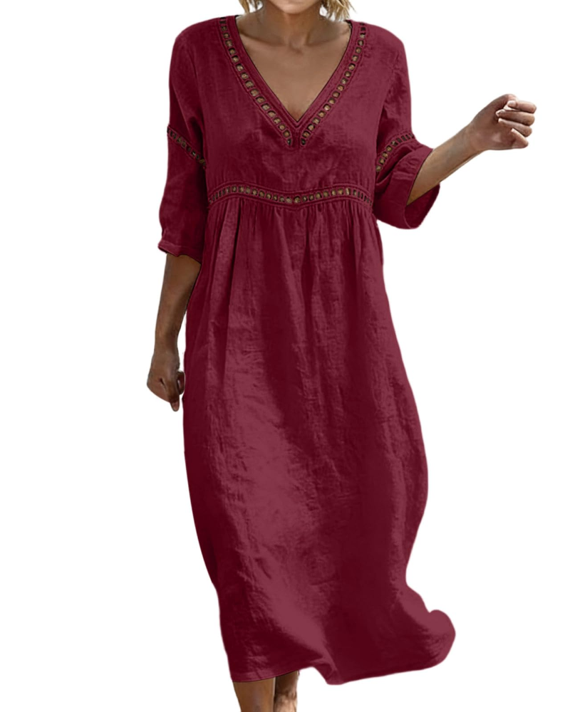 Rosalie Damen Langkleid aus Baumwolle und Leinen – V-Ausschnitt, 3/4-Ärmel, Boho-Stil