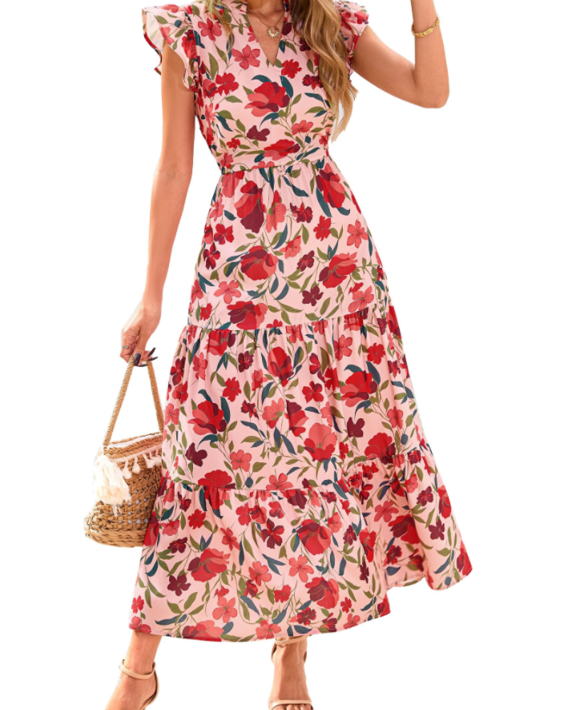 Olivia Damen-Midikleid mit Blumenmuster – Boho-V-Ausschnitt mit Volants und Taschen