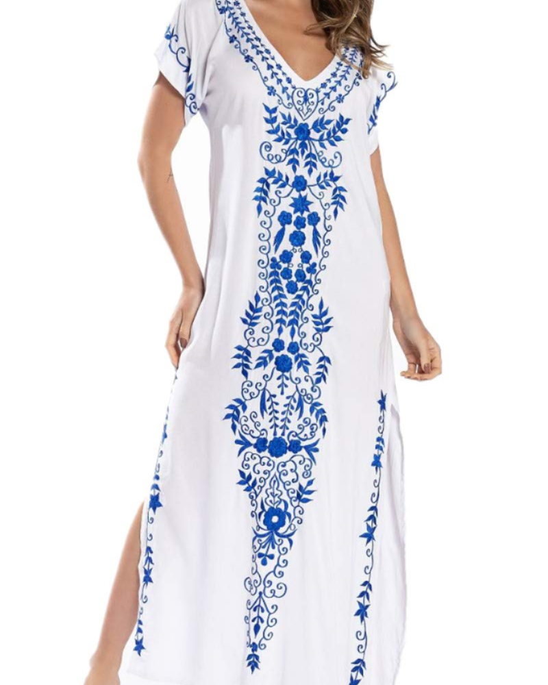 Vestido Kaftan Boémio Gwendolyn para Mulher – Vestido de Praia Bordado Oversize Tamanho Único