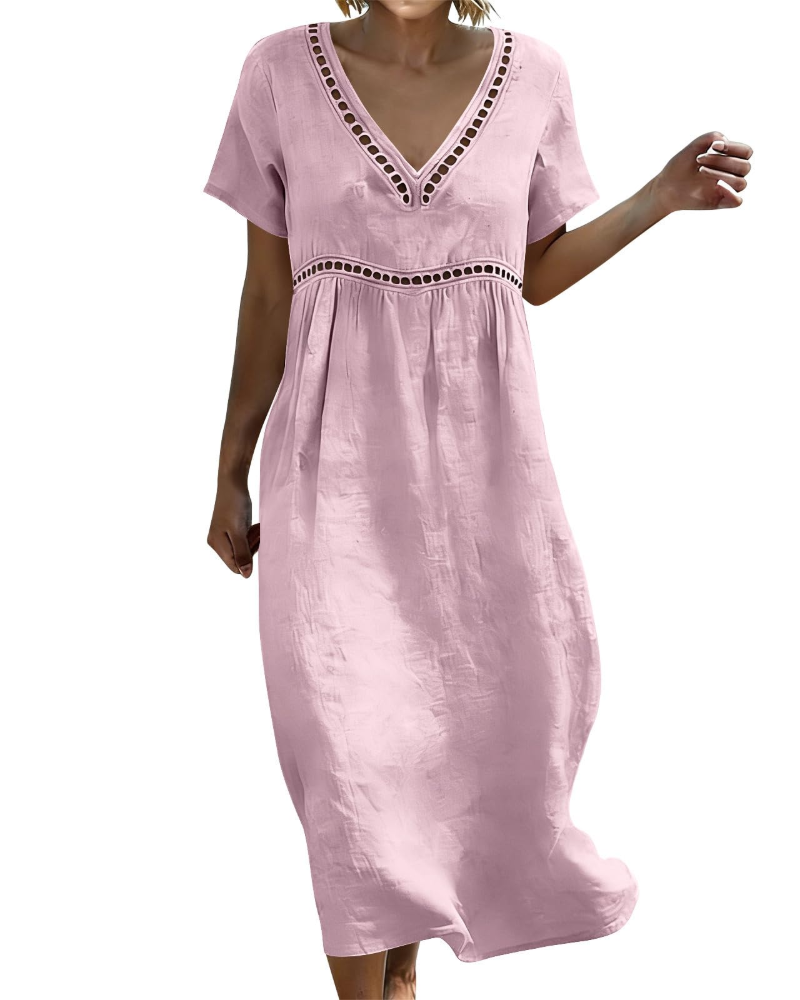 Rosalie Damen Langkleid aus Baumwolle und Leinen – V-Ausschnitt, 3/4-Ärmel, Boho-Stil