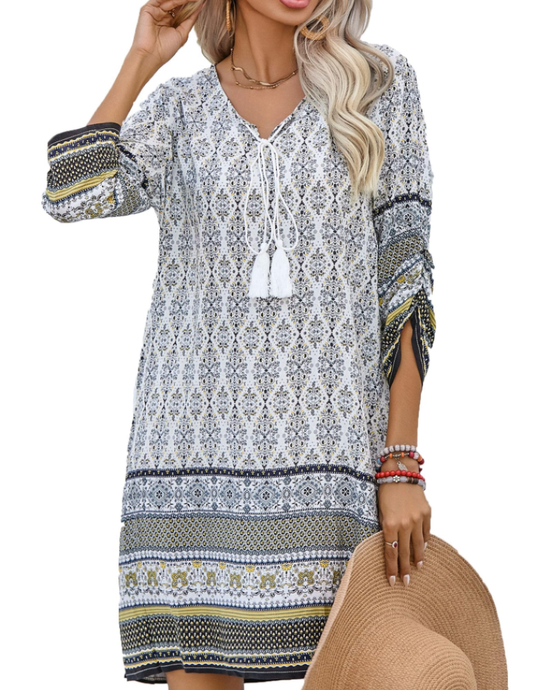 Vestido Túnica Boémia para Mulher Eleanor – Vestido com Decote em V em Viscose com Mangas 3/4 Estampado
