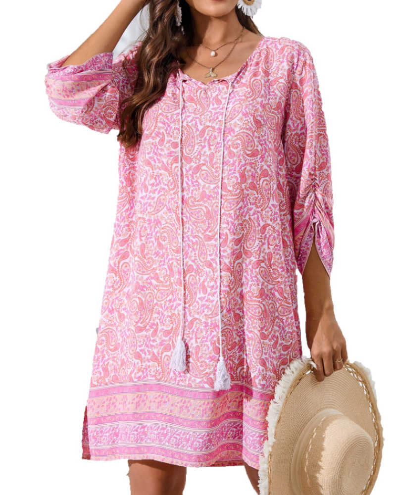 Vestido Túnica Boémia para Mulher Eleanor – Vestido com Decote em V em Viscose com Mangas 3/4 Estampado