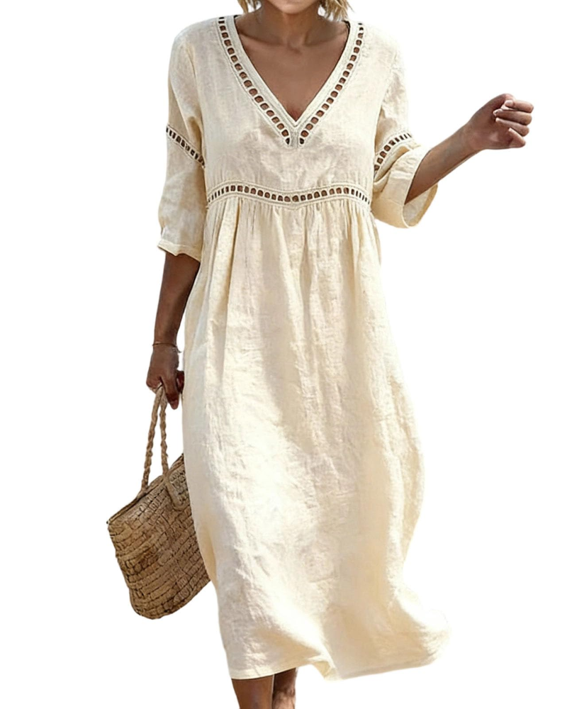 Rosalie Damen Langkleid aus Baumwolle und Leinen – V-Ausschnitt, 3/4-Ärmel, Boho-Stil