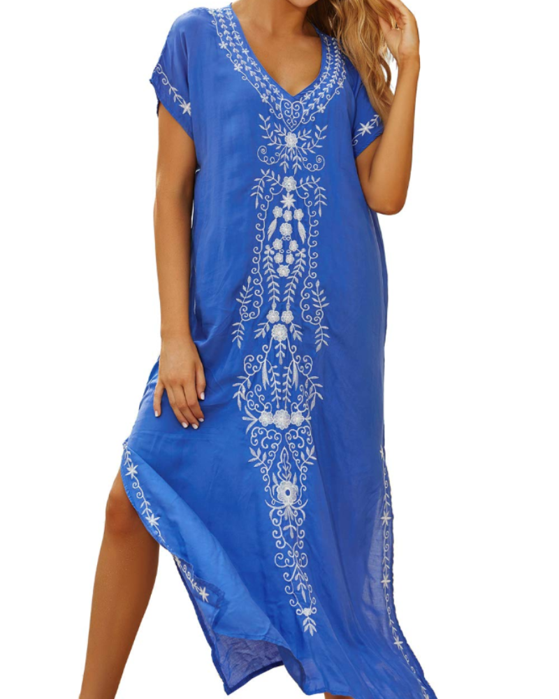 Vestido Kaftan Boémio Gwendolyn para Mulher – Vestido de Praia Bordado Oversize Tamanho Único