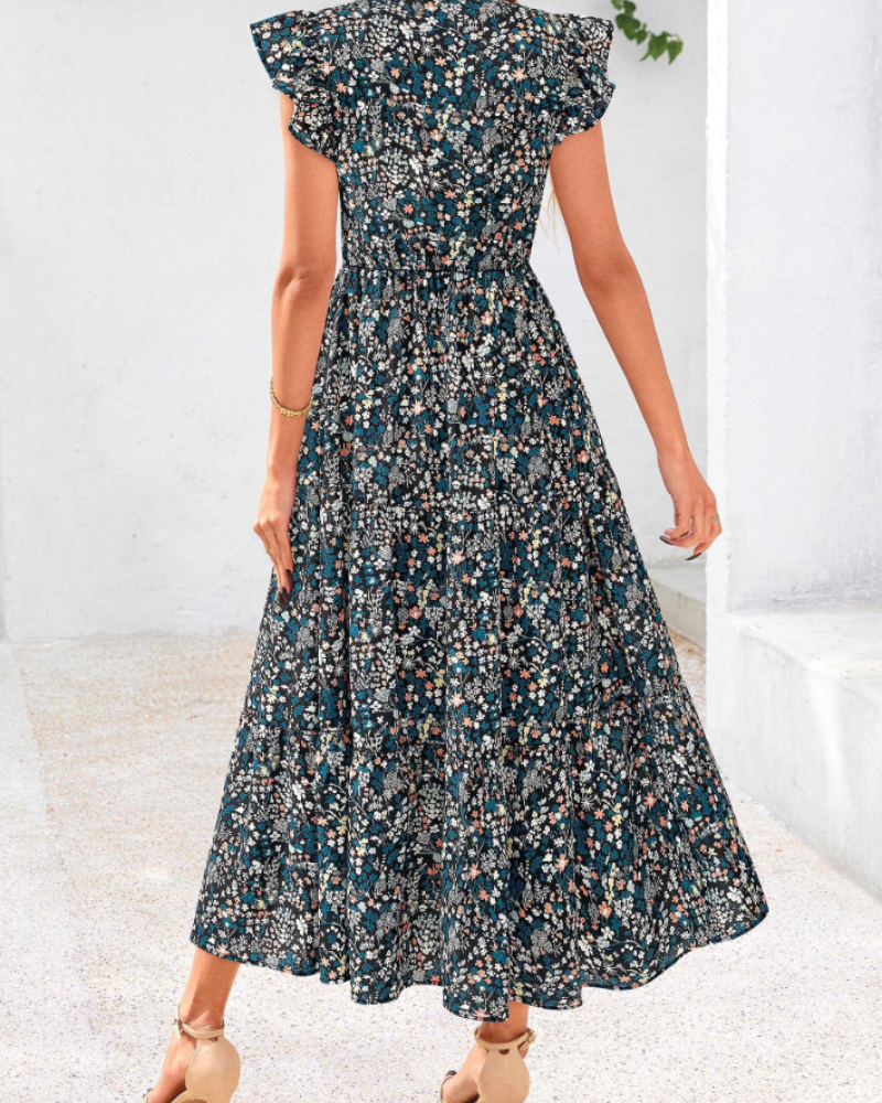 Olivia Damen-Midikleid mit Blumenmuster – Boho-V-Ausschnitt mit Volants und Taschen