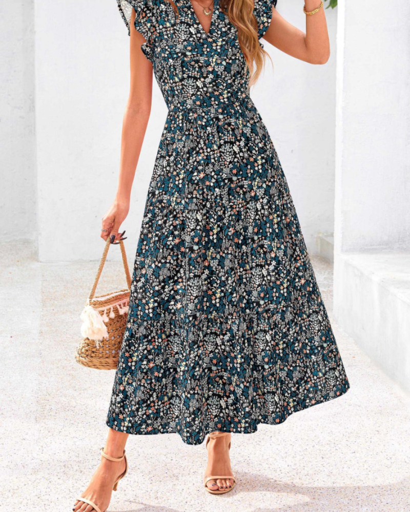 Olivia Damen-Midikleid mit Blumenmuster – Boho-V-Ausschnitt mit Volants und Taschen