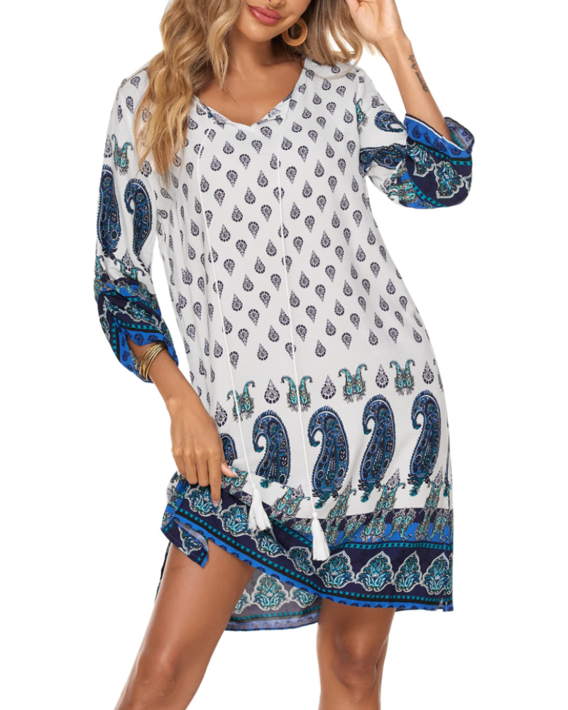 Vestido Túnica Boémia para Mulher Eleanor – Vestido com Decote em V em Viscose com Mangas 3/4 Estampado