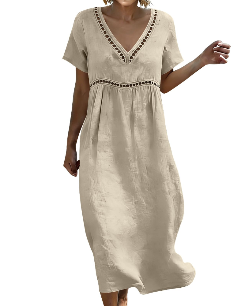 Rosalie Damen Langkleid aus Baumwolle und Leinen – V-Ausschnitt, 3/4-Ärmel, Boho-Stil