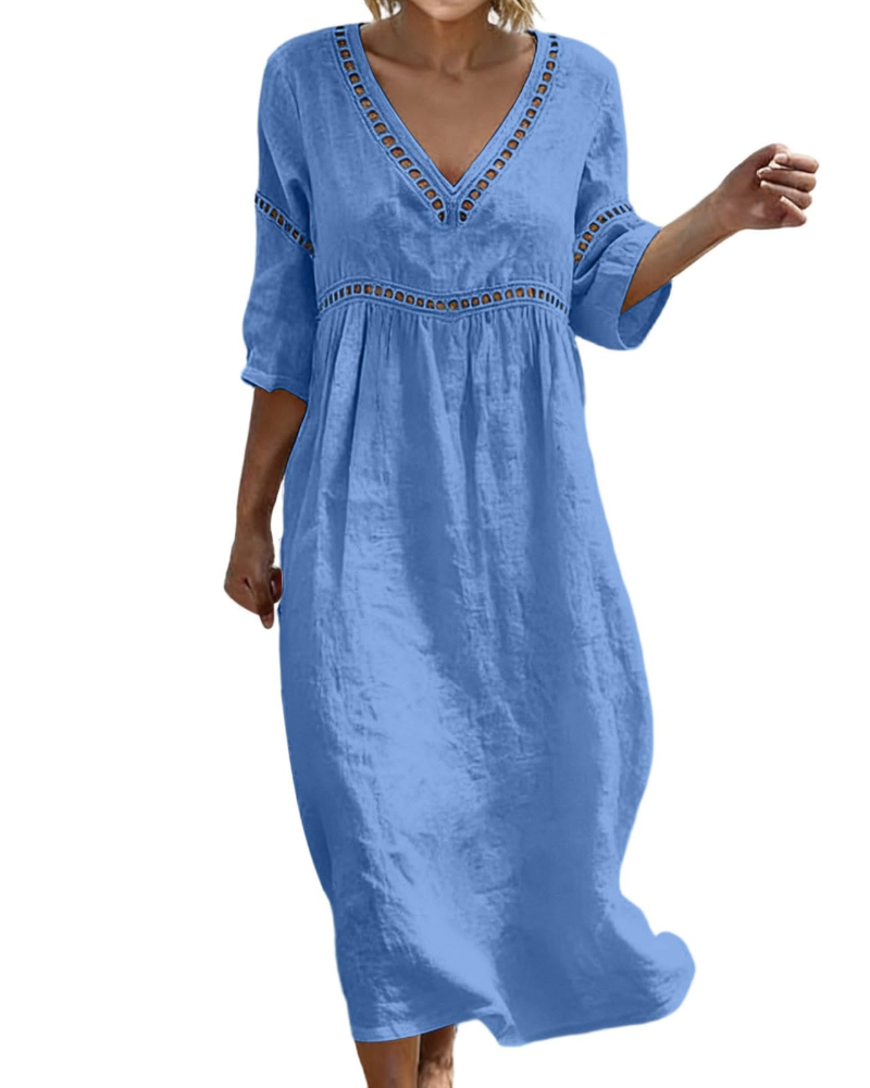 Rosalie Damen Langkleid aus Baumwolle und Leinen – V-Ausschnitt, 3/4-Ärmel, Boho-Stil