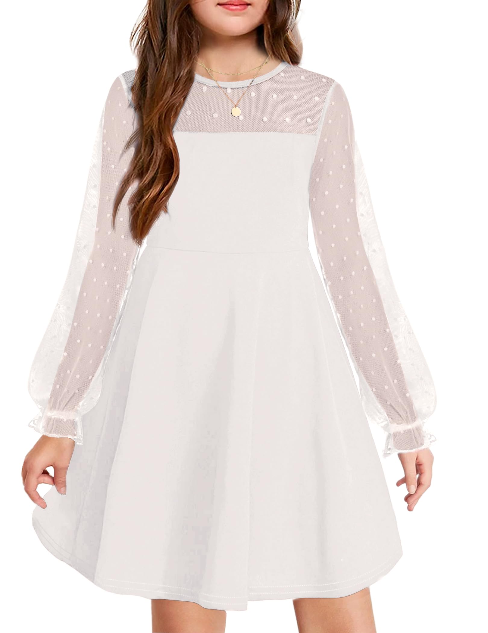 Aishi Mädchenkleid – Lange Mesh-Ärmel, A-Linien Schnitt & Hohe Taille mit Taschen