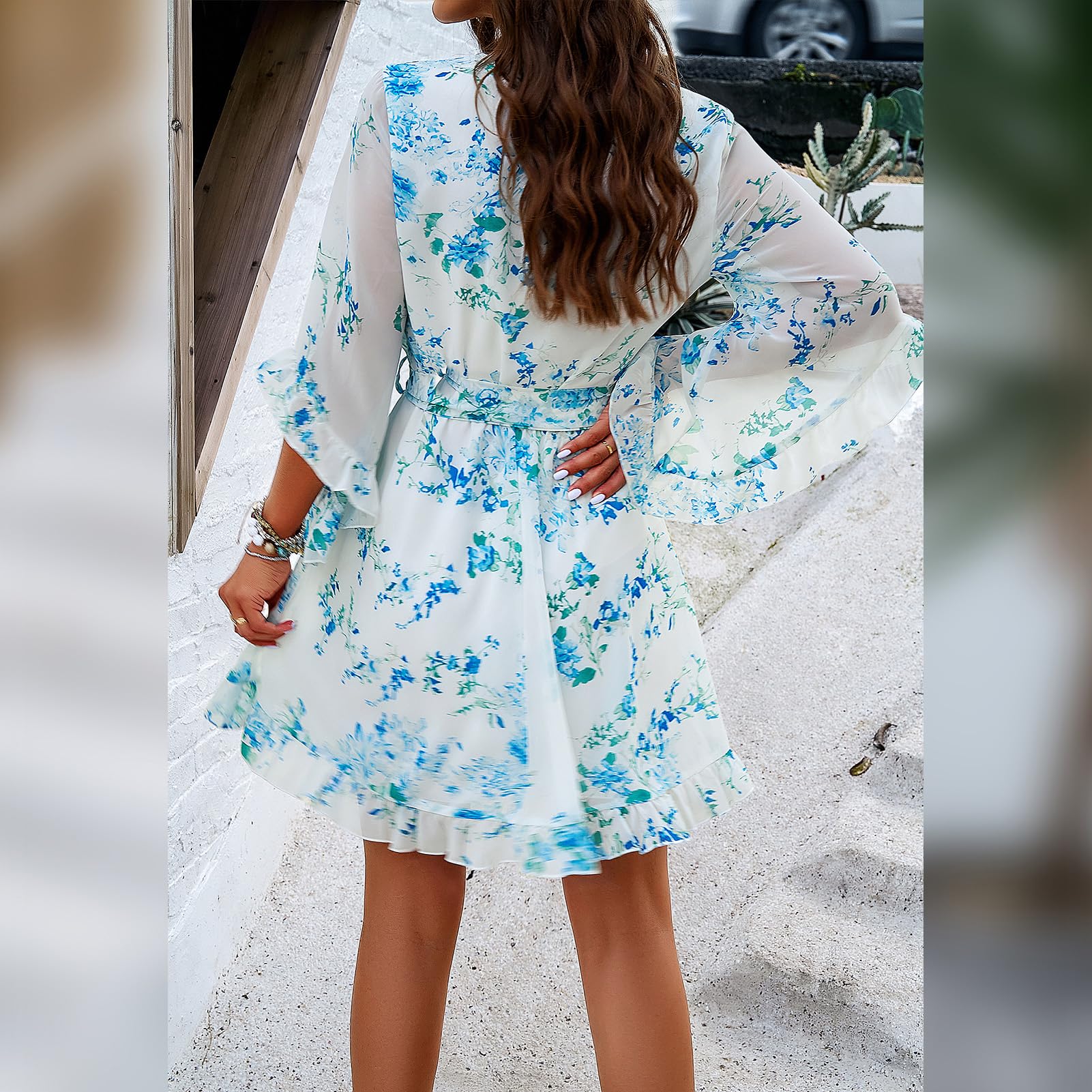 Robe Odessa Mulher – Cache-coração Decote em V Floral, Mangas Sino & Mini Musselina Elegante
