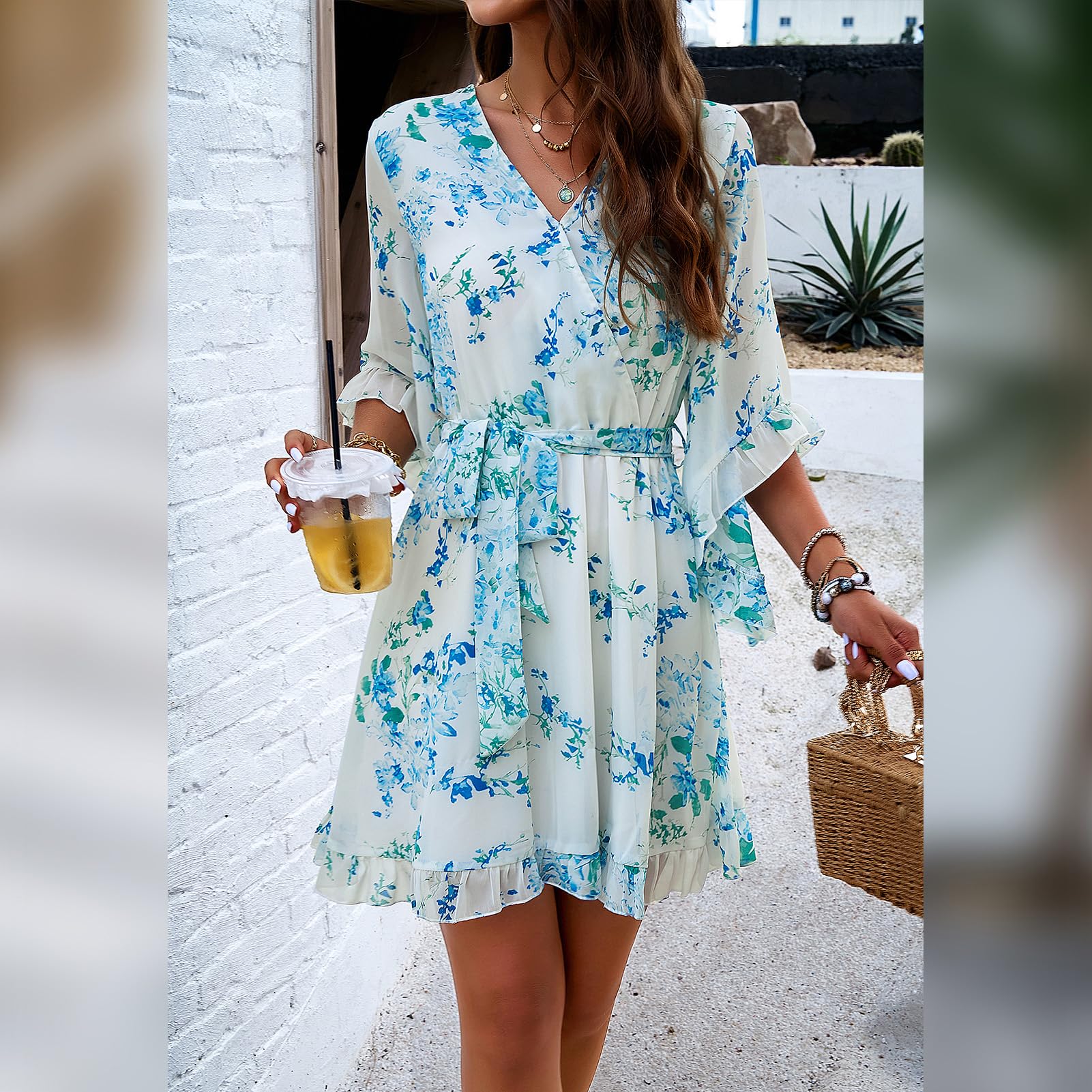 Robe Odessa Mulher – Cache-coração Decote em V Floral, Mangas Sino & Mini Musselina Elegante