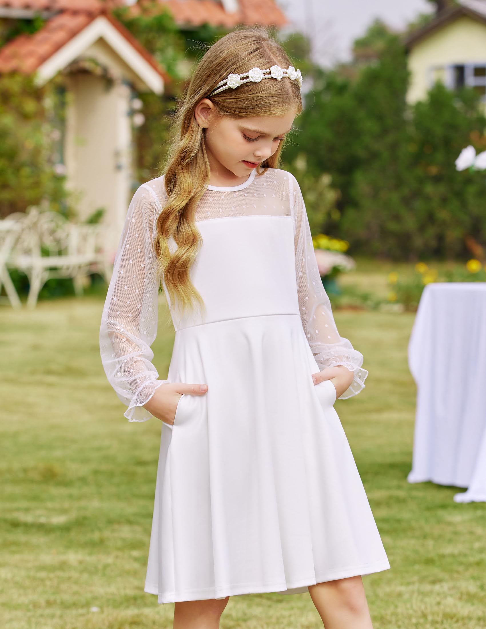 Aishi Mädchenkleid – Lange Mesh-Ärmel, A-Linien Schnitt & Hohe Taille mit Taschen