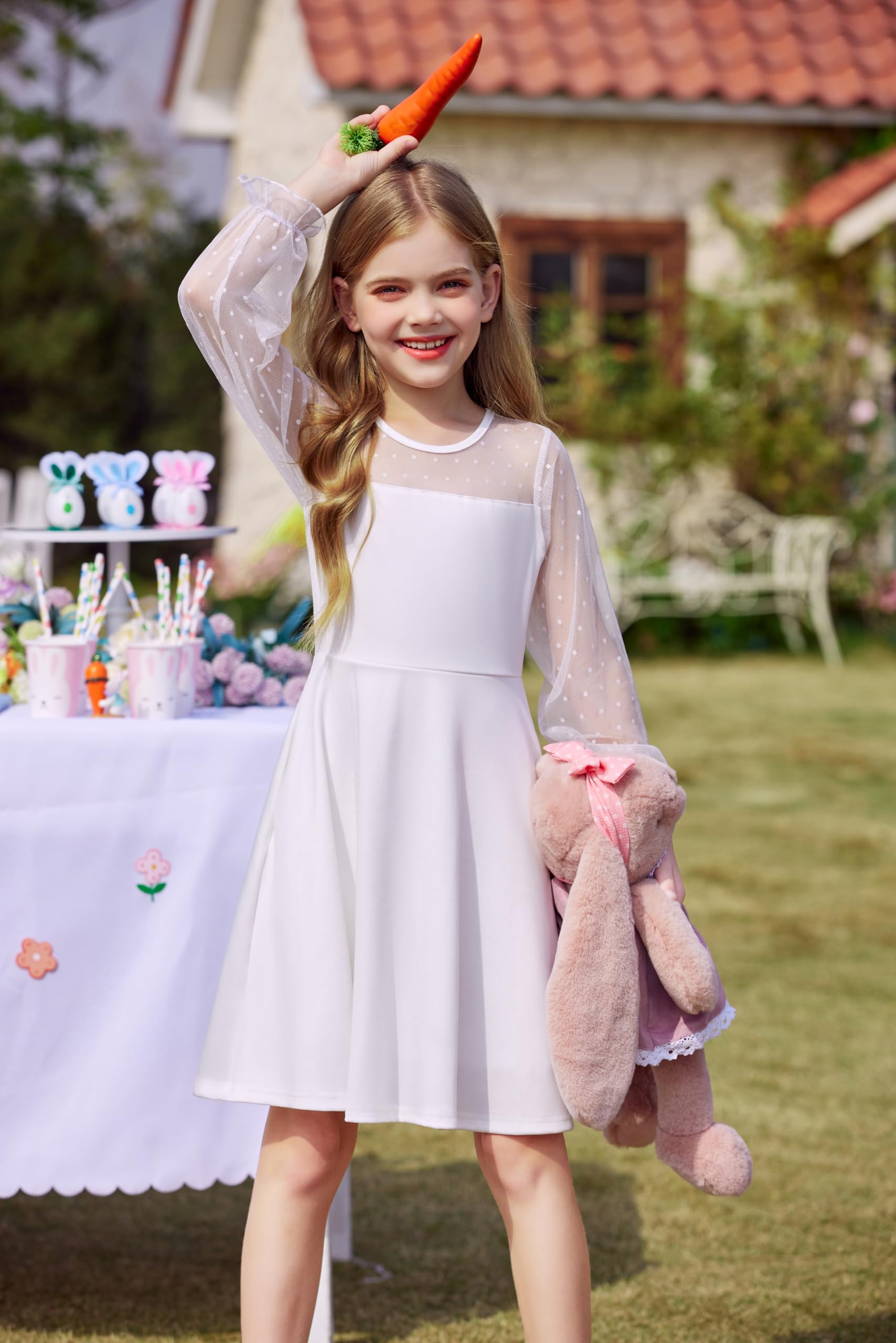 Aishi Mädchenkleid – Lange Mesh-Ärmel, A-Linien Schnitt & Hohe Taille mit Taschen