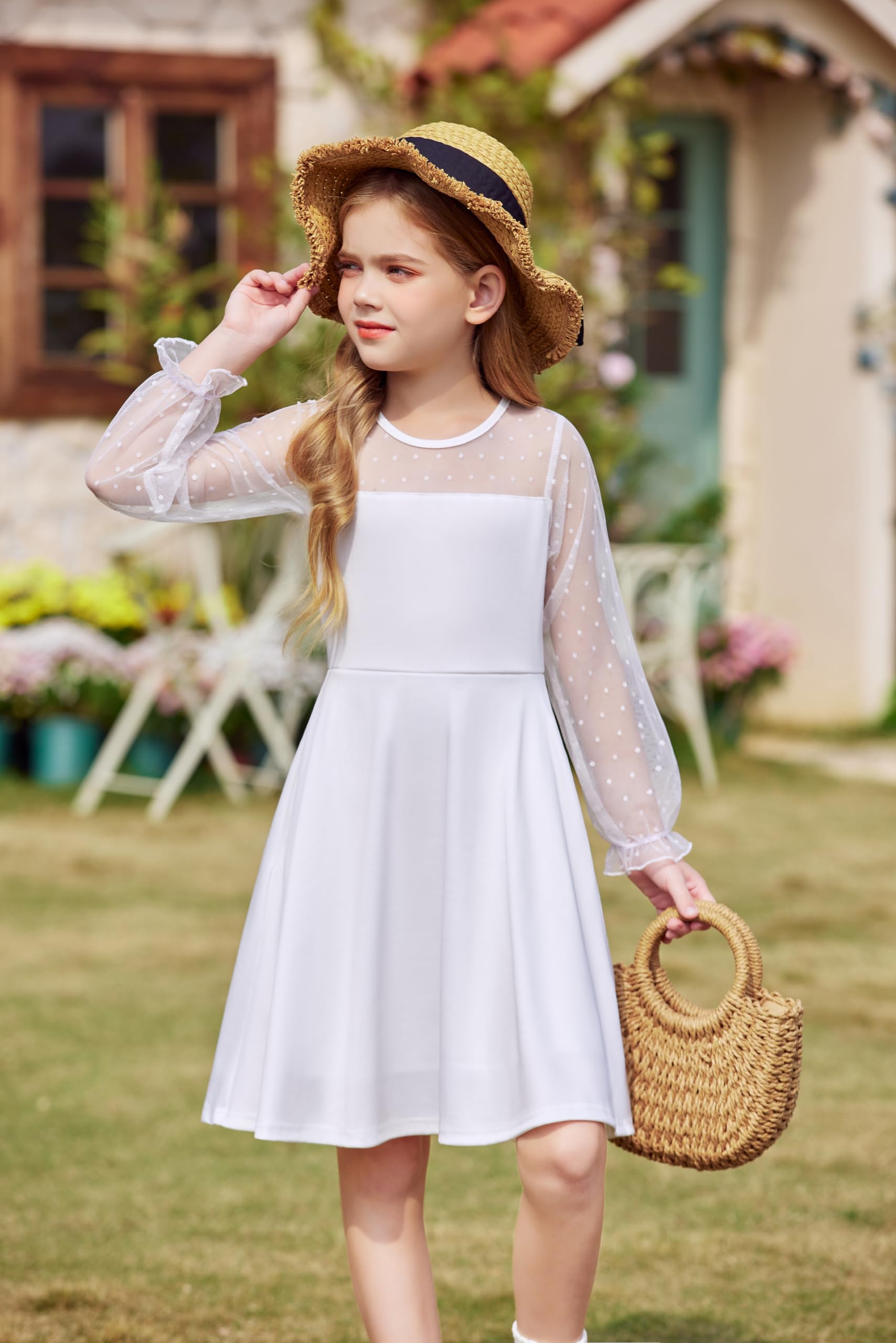 Aishi Mädchenkleid – Lange Mesh-Ärmel, A-Linien Schnitt & Hohe Taille mit Taschen