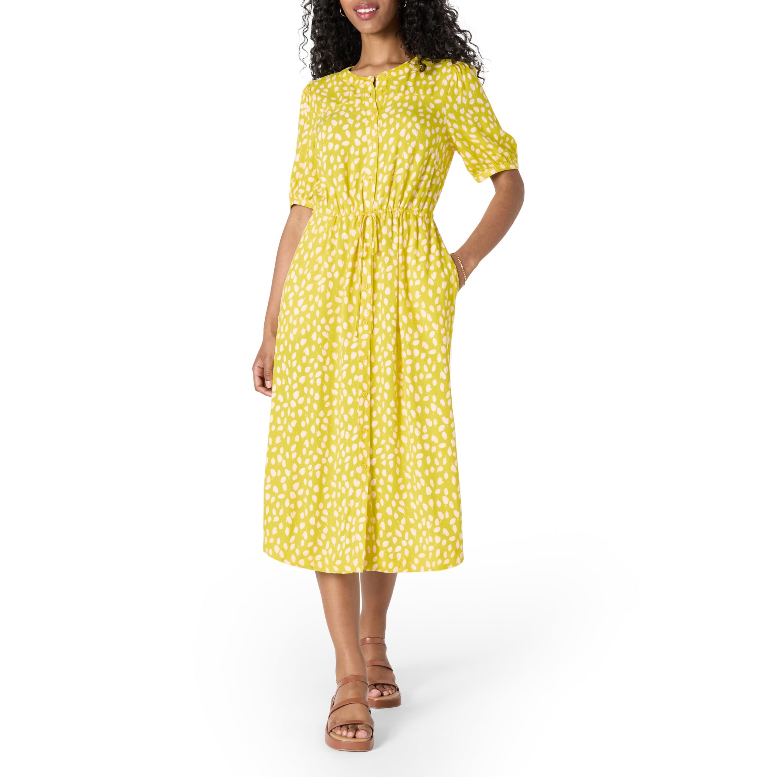 Vestido Krishna para Mulher – Corte A-Line Ajustado, Mangas Curtas e Saia Midi Evasê com Bolsos