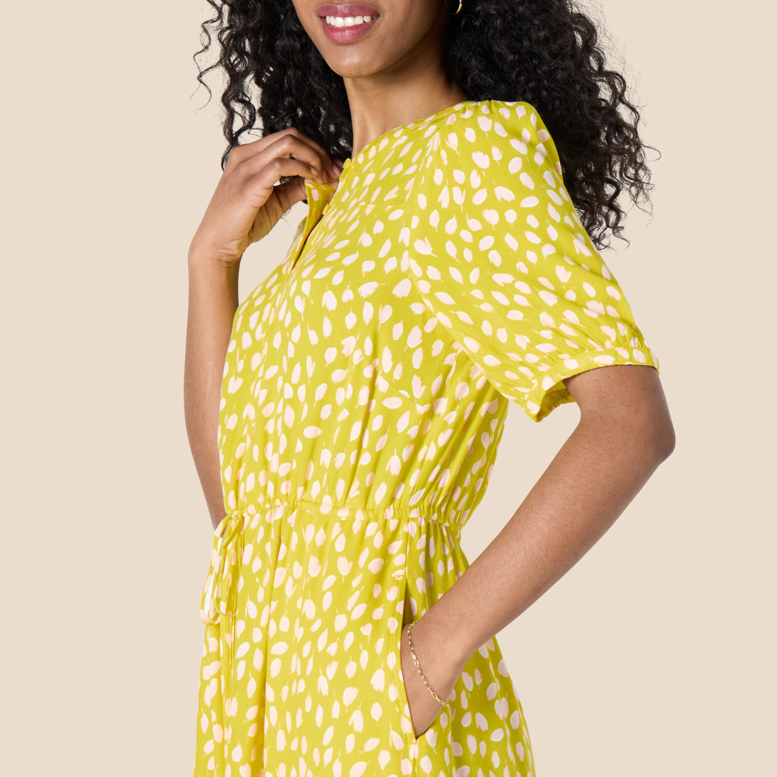 Vestido Krishna para Mulher – Corte A-Line Ajustado, Mangas Curtas e Saia Midi Evasê com Bolsos