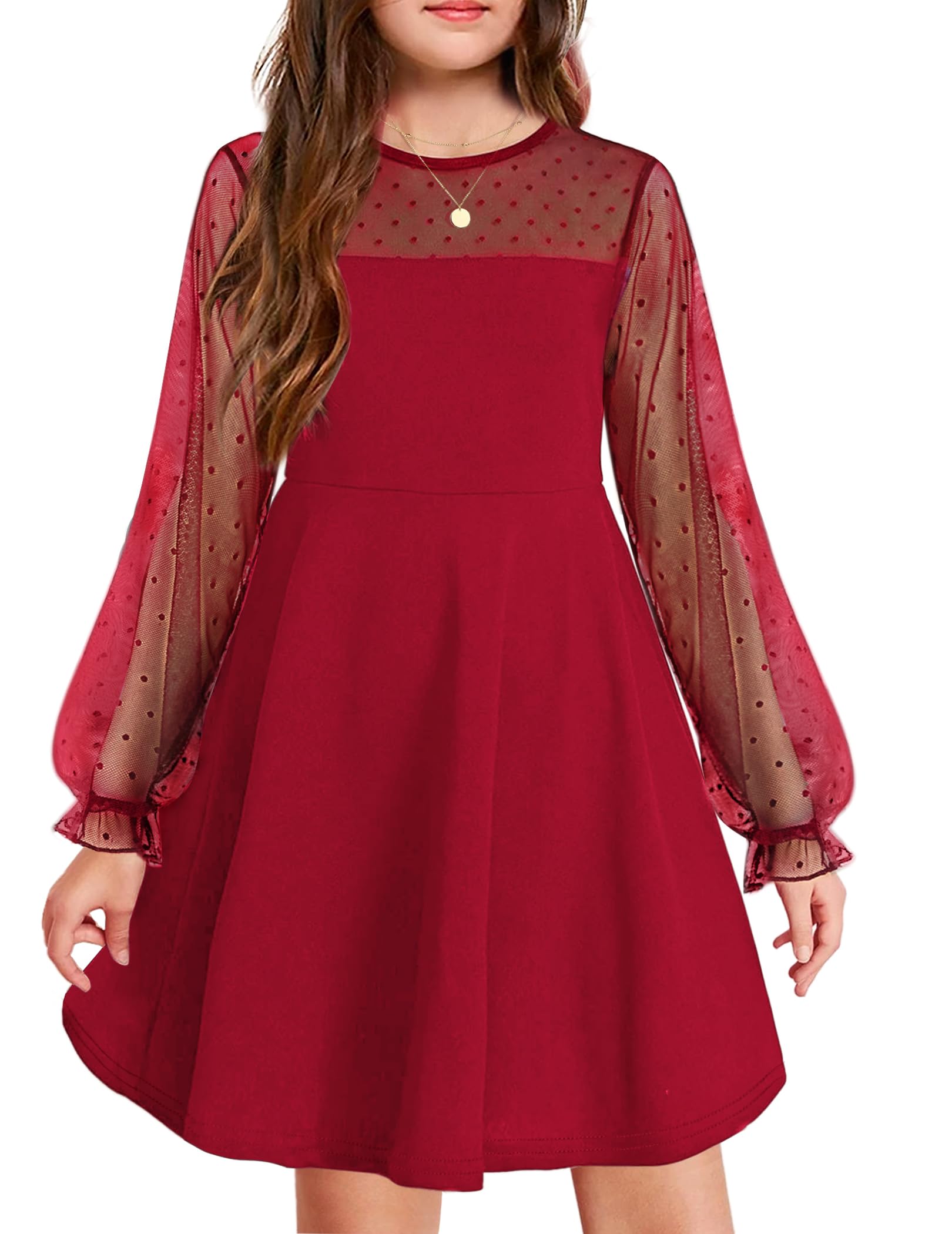 Aishi Mädchenkleid – Lange Mesh-Ärmel, A-Linien Schnitt & Hohe Taille mit Taschen