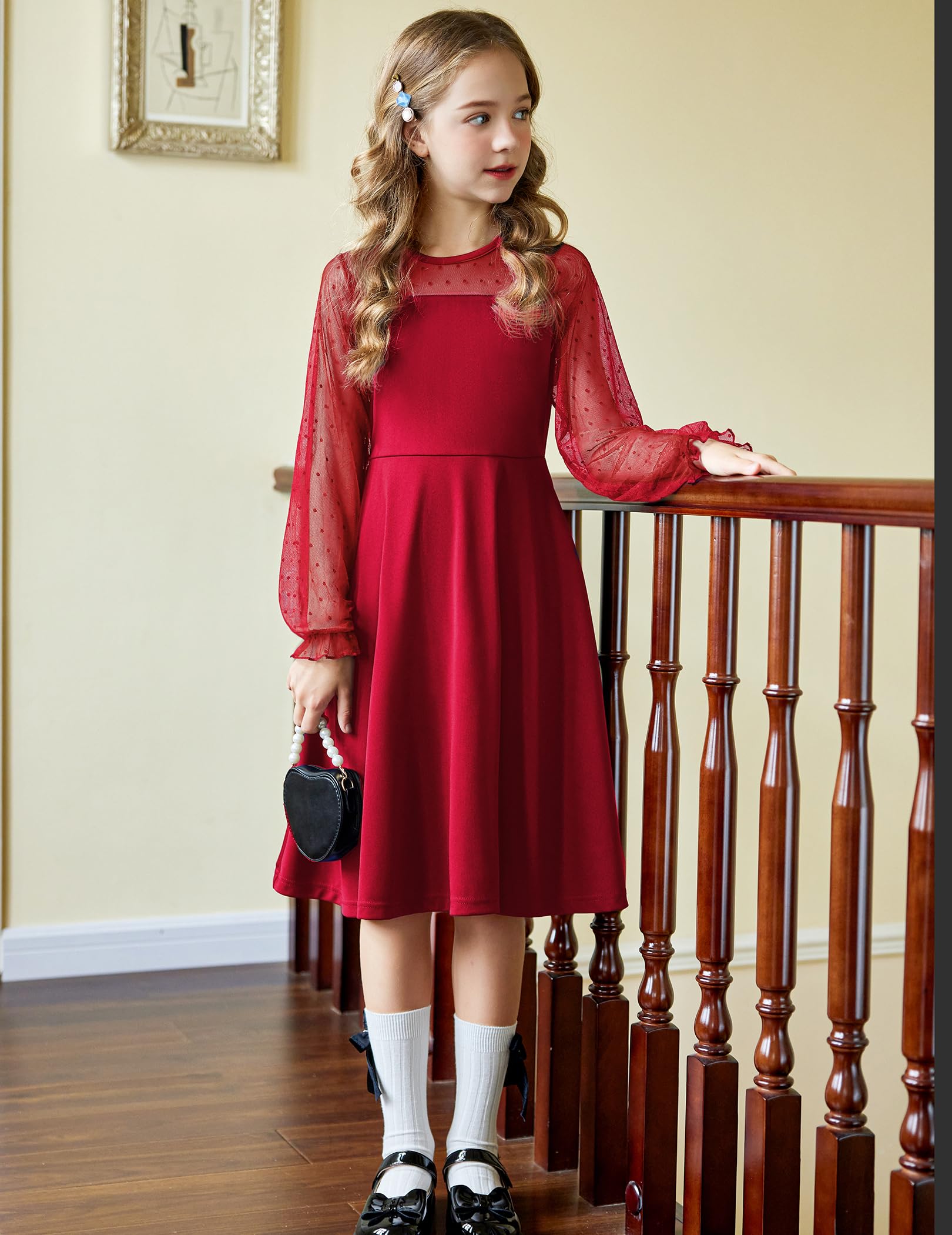 Aishi Mädchenkleid – Lange Mesh-Ärmel, A-Linien Schnitt & Hohe Taille mit Taschen