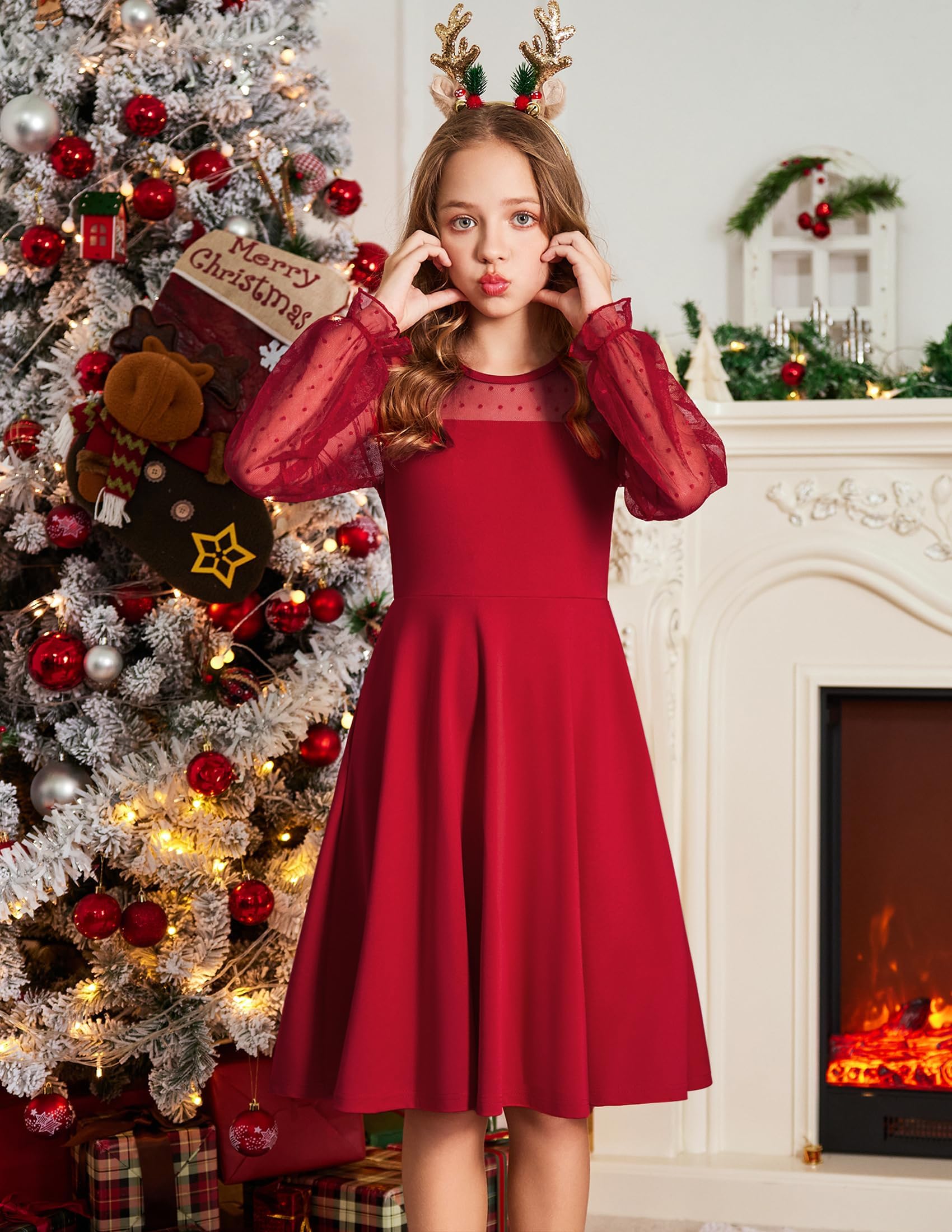 Aishi Mädchenkleid – Lange Mesh-Ärmel, A-Linien Schnitt & Hohe Taille mit Taschen