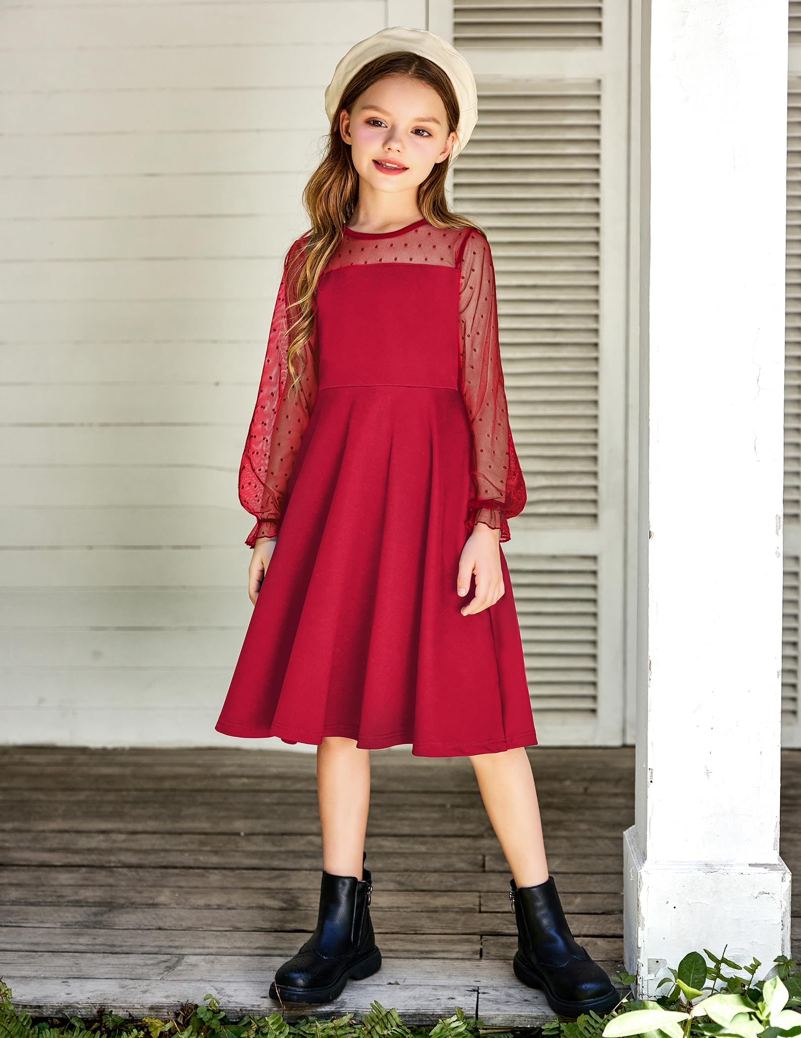Aishi Mädchenkleid – Lange Mesh-Ärmel, A-Linien Schnitt & Hohe Taille mit Taschen