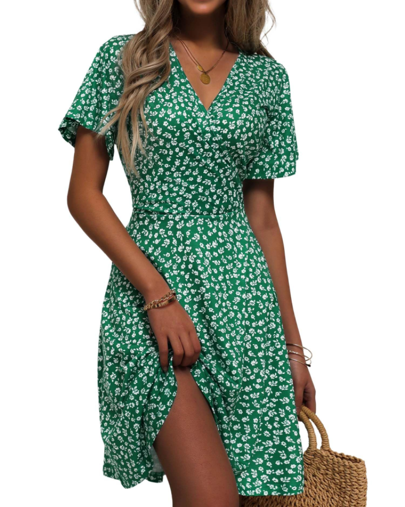 Mella Women's Dress – Floral Wrap Dress with V-Neck, A-Line Cut & Ruffles