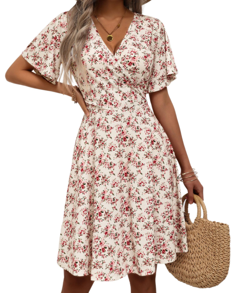 Mella Kleid Damen – Wickelkleid mit Blumenmuster, V-Ausschnitt, A-Linien-Schnitt & Volants