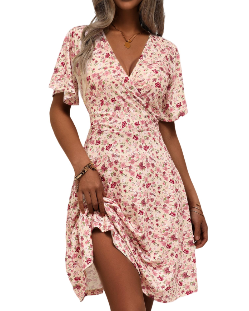 Mella Kleid Damen – Wickelkleid mit Blumenmuster, V-Ausschnitt, A-Linien-Schnitt & Volants