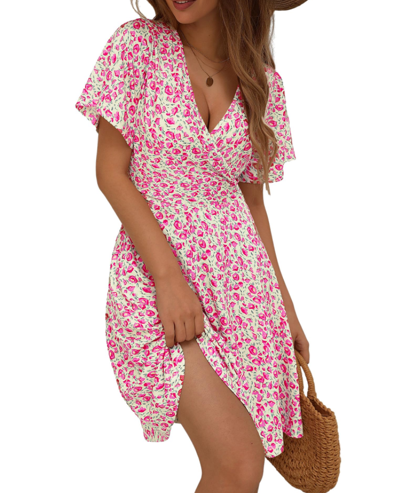 Mella Kleid Damen – Wickelkleid mit Blumenmuster, V-Ausschnitt, A-Linien-Schnitt & Volants
