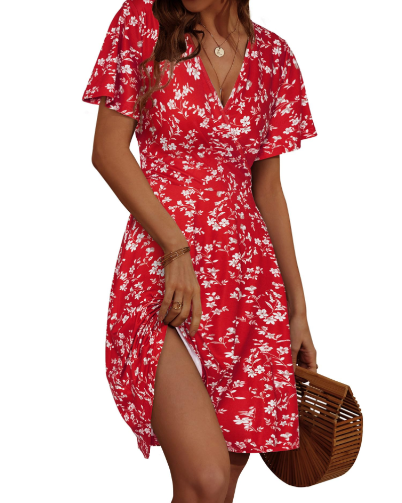 Mella Kleid Damen – Wickelkleid mit Blumenmuster, V-Ausschnitt, A-Linien-Schnitt & Volants