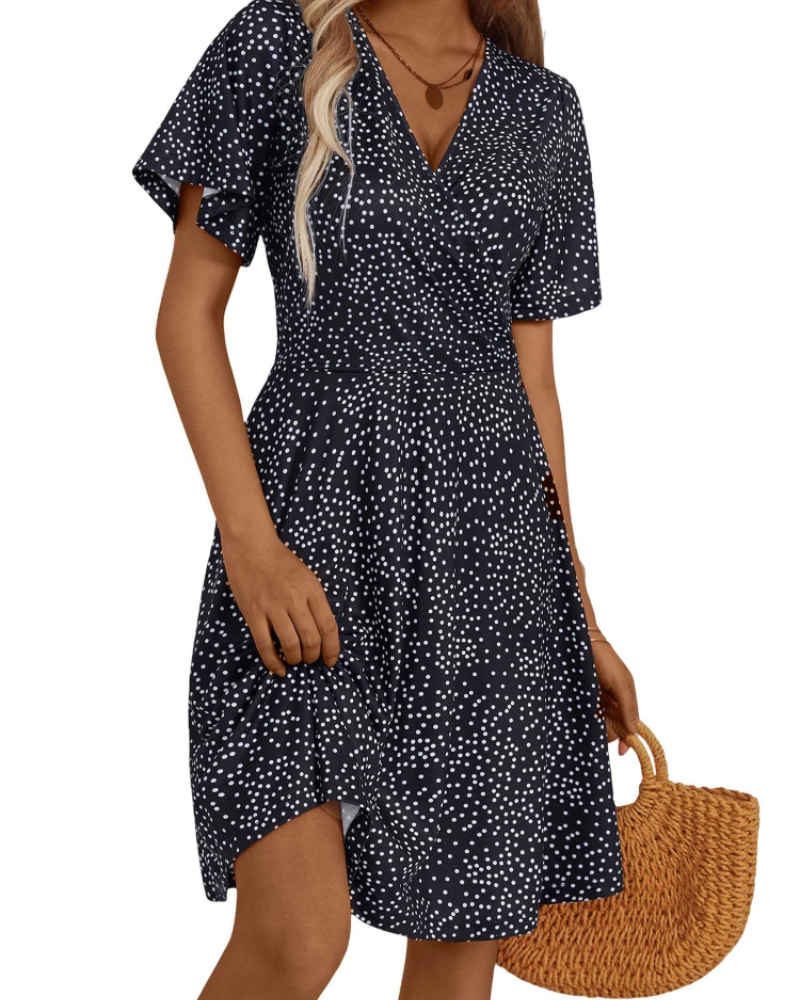 Mella Kleid Damen – Wickelkleid mit Blumenmuster, V-Ausschnitt, A-Linien-Schnitt & Volants