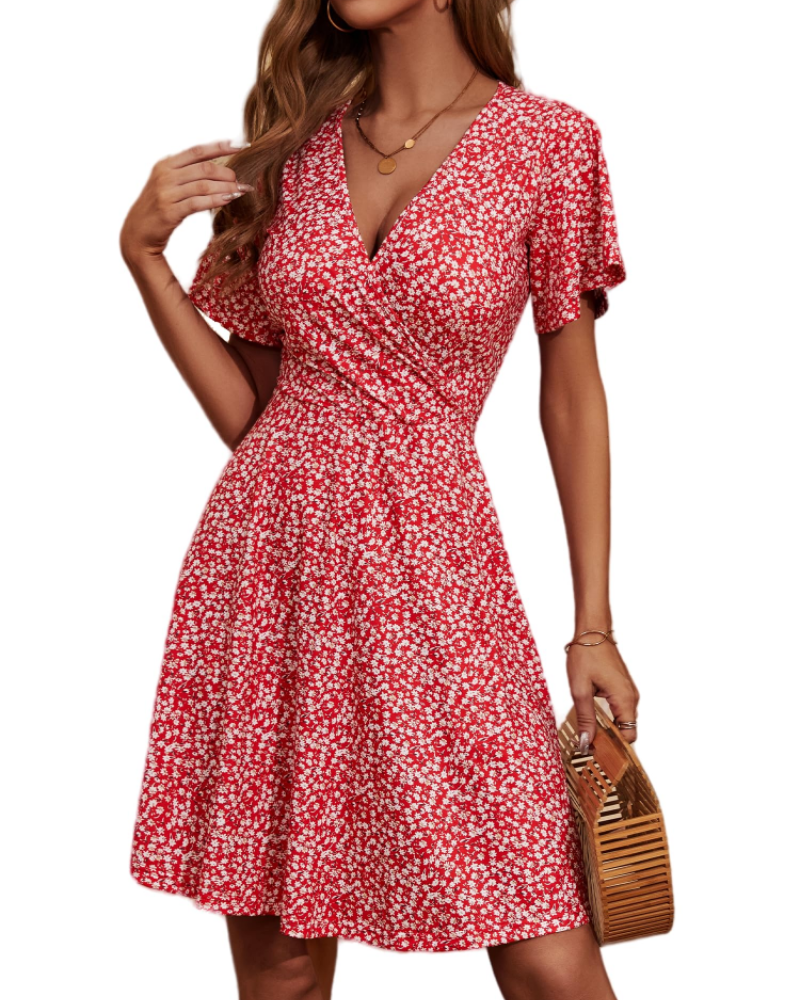 Mella Kleid Damen – Wickelkleid mit Blumenmuster, V-Ausschnitt, A-Linien-Schnitt & Volants