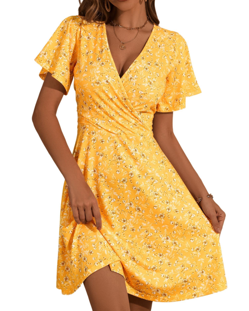 Mella Kleid Damen – Wickelkleid mit Blumenmuster, V-Ausschnitt, A-Linien-Schnitt & Volants