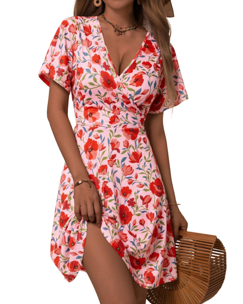 Mella Kleid Damen – Wickelkleid mit Blumenmuster, V-Ausschnitt, A-Linien-Schnitt & Volants