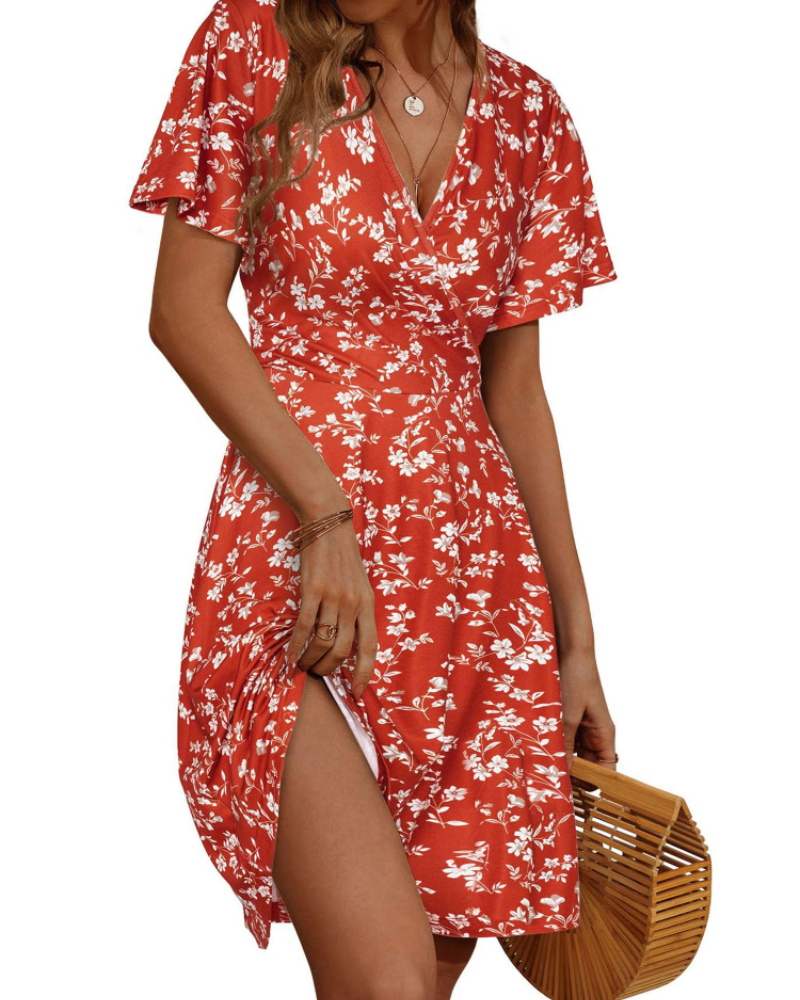 Mella Kleid Damen – Wickelkleid mit Blumenmuster, V-Ausschnitt, A-Linien-Schnitt & Volants