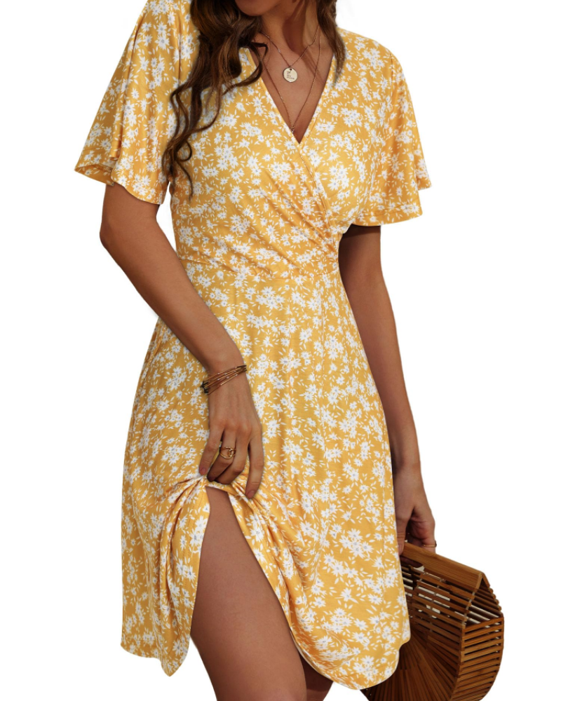 Mella Kleid Damen – Wickelkleid mit Blumenmuster, V-Ausschnitt, A-Linien-Schnitt & Volants