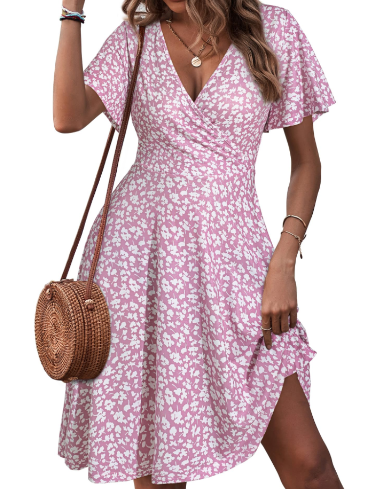 Mella Kleid Damen – Wickelkleid mit Blumenmuster, V-Ausschnitt, A-Linien-Schnitt & Volants
