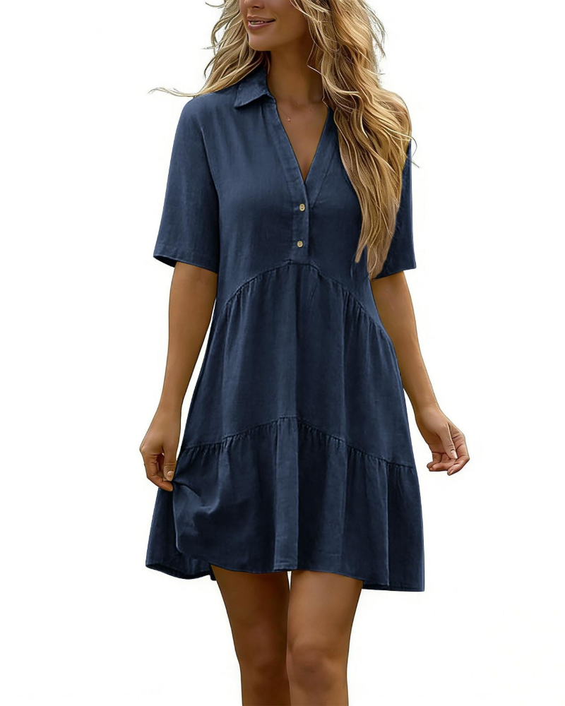 Vestido Harlow para mujer en lino – vestido corto con cuello en V y botones, mangas cortas de verano