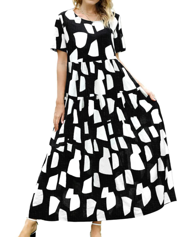 Rina Maxi Dress for Women – Bohemian Floral Cotton Dress with Round Neck & Pockets Summer
