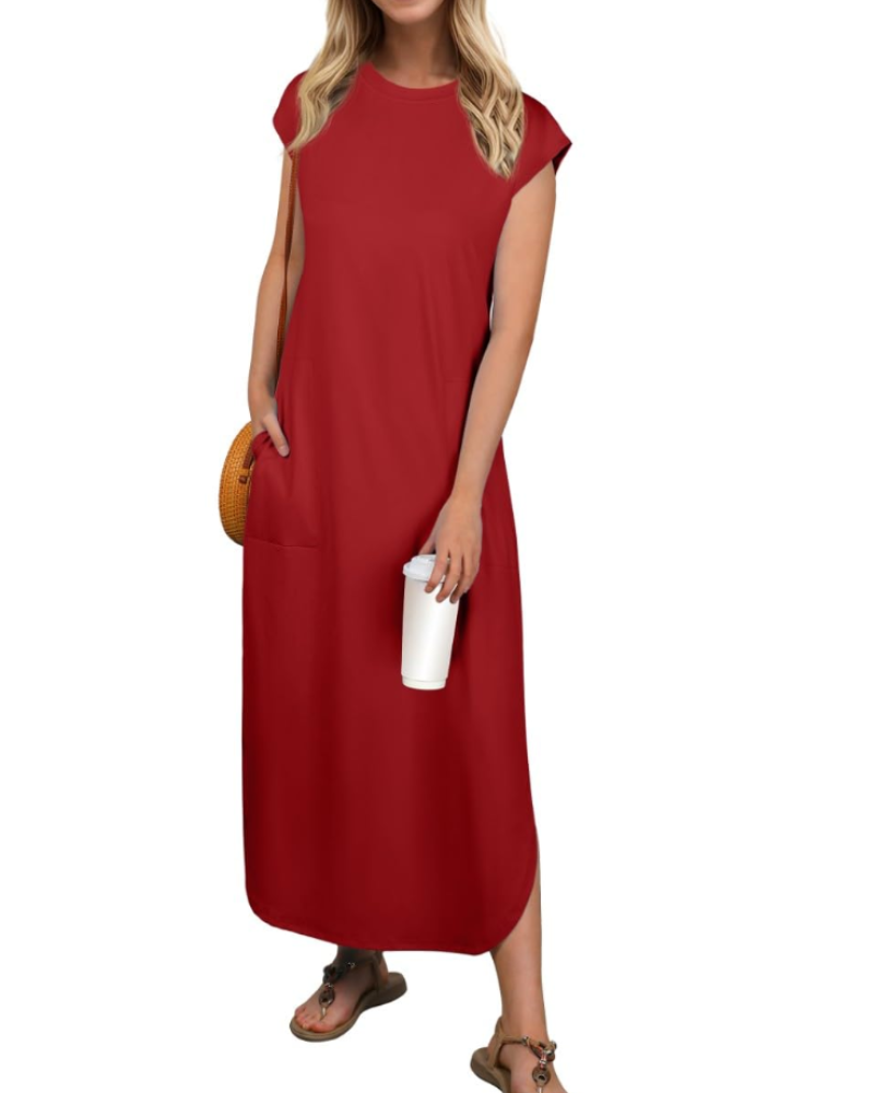 Aubrey Maxikleid für Damen Sommer – Ärmellos, Rundhalsausschnitt & Taschen