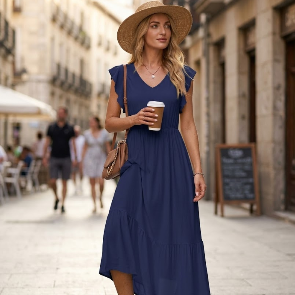 Vestido Elena Mulher – Vestido Midi Floral Decote V Corte Fluido Com Bolsos Verão