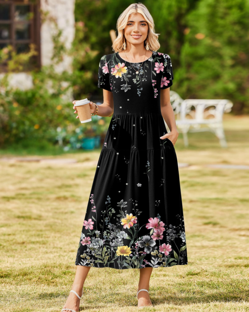 Rochie maxi boemă Olivia pentru femei – rochie lungă cu flori, croială A, cu buzunare