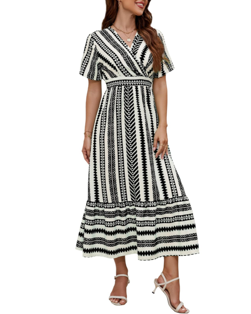 Vestido Elsie para Mulher Verão – Decote em V às Riscas Corte A-Line com Bolsos