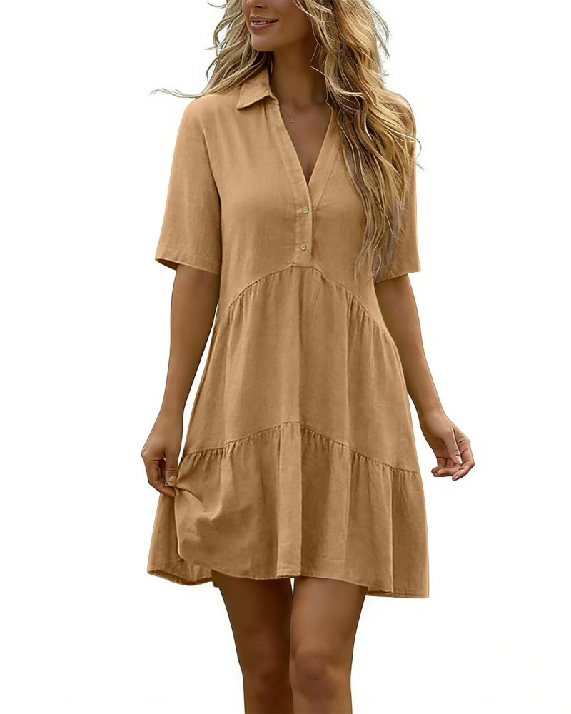 Vestido Harlow para mujer en lino – vestido corto con cuello en V y botones, mangas cortas de verano