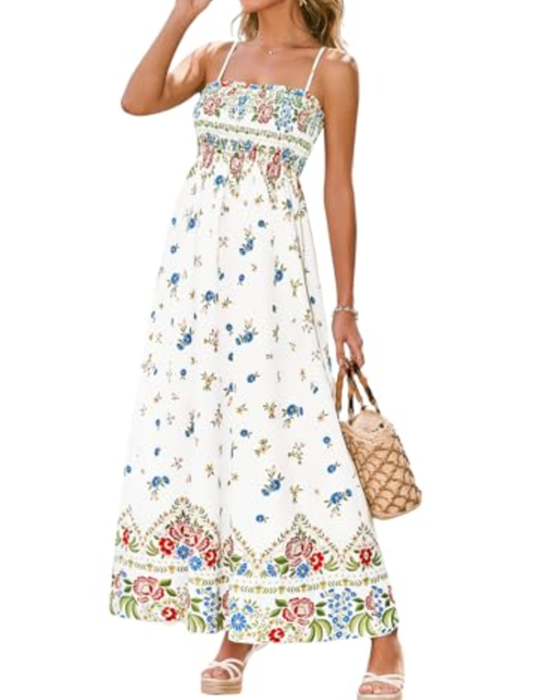Rochie maxi Willow pentru femei – cu imprimeu floral, smocată, cu bretele și volane