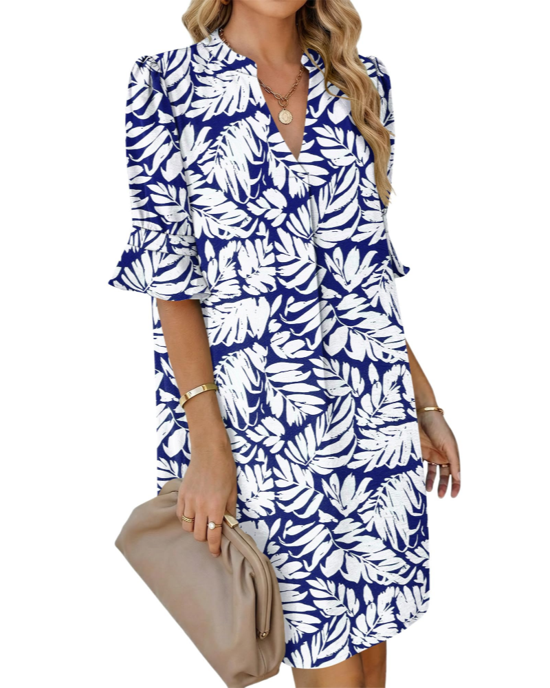 Vestido Ronella para Mulher – Vestido de Verão com Decote em V, Corte Evasé, Bolsos e Mangas com Folhos